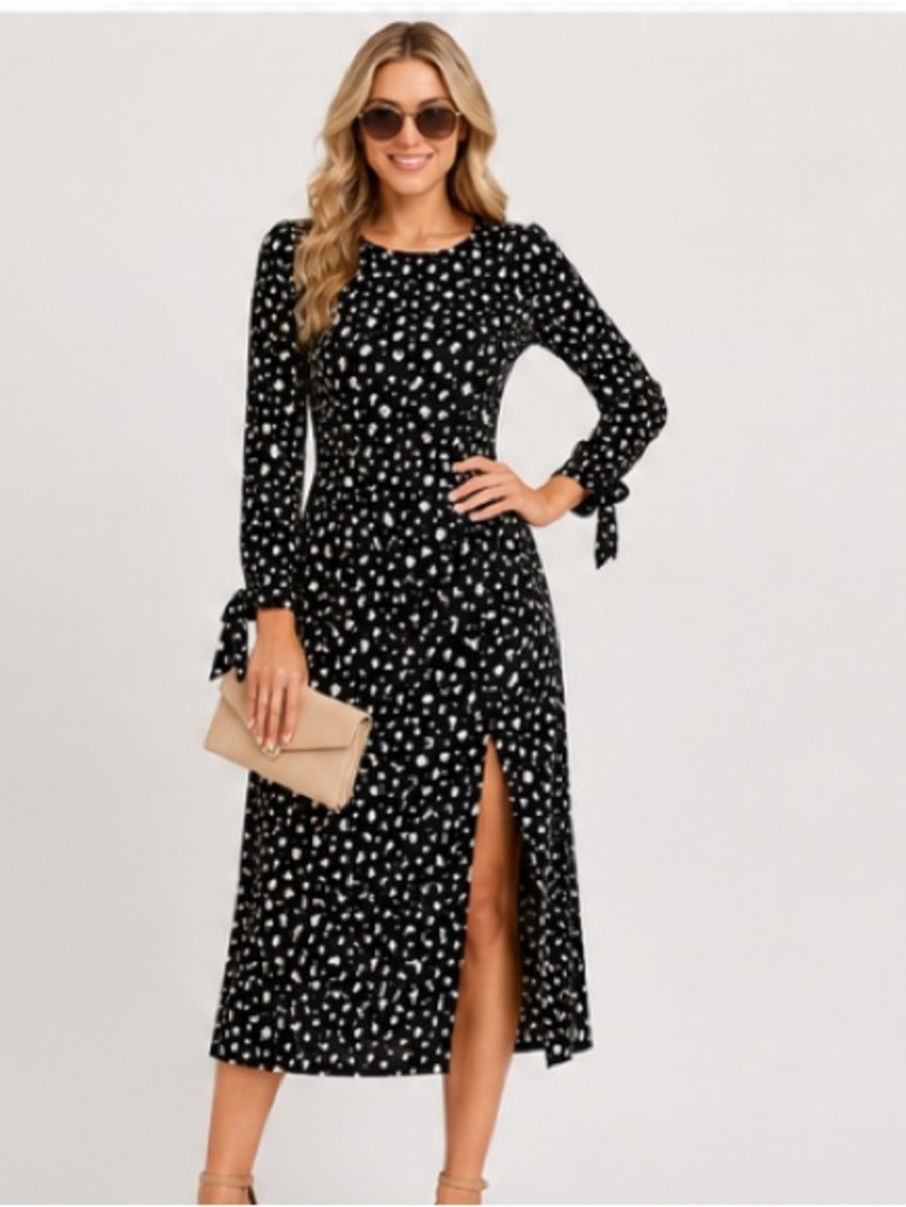 Edit by Nine Black White Patterned Midi Dress Slit Sleeve Tie Size S